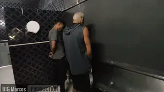 Three Men Share Bareback Blowjob In Club Bathroom