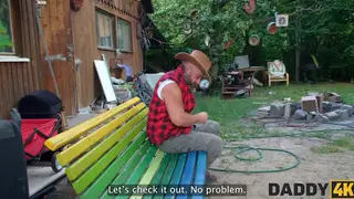 Blonde European Cheats with Stepdad Outdoors