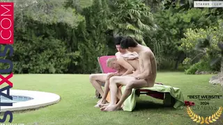 Muscular Friends Share an Asian Twink During Poolside Massage