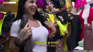 Busty Brunette MILF Takes Gangbang in Lingerie at Neighbor's Shop