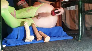 Femboy Stretches Hole with Two Dildos Until Creampie