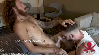 Tattooed Hairy Stud Delivers Deepthroat Blowjob to Partner