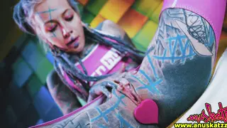 Petite Tattooed Babe Takes Anal Toys and Double Penetration