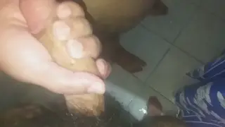 Hairy Bear Strokes Thick Cock in Bathroom Mirror