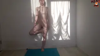 Curvy Brunette Flows Through Nude Yoga Solo