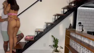 Tattooed Latina Neighbor Wife Takes Anal in Lingerie on Stairs