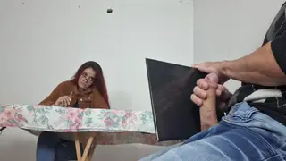 Curvy Redhead Latina Gives Blowjob and Handjob at Desk