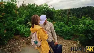 Brunette European Sucks Stranger Outdoors While Boyfriend Watches