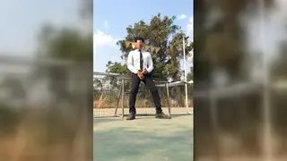 Asian Office Guy Strokes Hard at His Desk Outdoors
