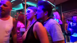 European Babes Share Two Big Cocks in a Public Club Orgy