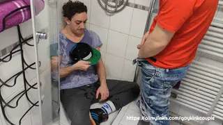Dominant Master Drenches Bound Sub in Piss Shower