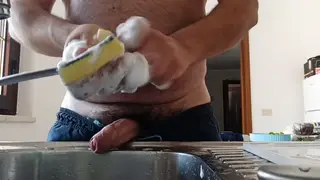 Hairy Bear Pisses and Strokes Uncut Cock in Kitchen