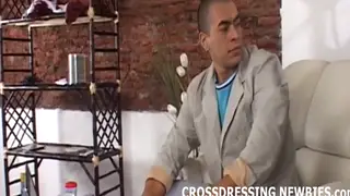 Slender Guy in Lingerie Takes a Deep Blowjob Before Anal