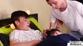 Twink Trio Swaps Oral and Bareback in Spitroast