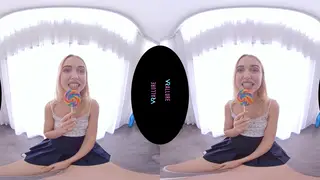 Blonde Petite Solo Rides Toy in VR First Time