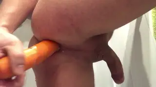 Solo Guy Stretches Wide With a Bottle in the Bathroom