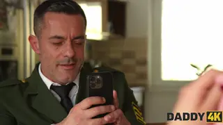 Tattooed Brunette Cheats on Soldier with Older Man