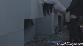 Petite Stepsister Takes Standing Blowjob Outdoors