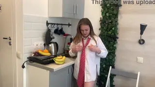 Skinny Teen Masturbates with Banana in Kitchen