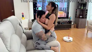 Curvy Latina Stepdaughter Rides Toy While Stepfather Watches