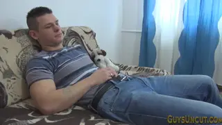 Muscular European Stud Strokes His Uncut Cock to Explosion