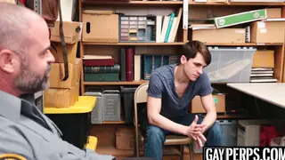 Office Bear Barebacks Uniformed Teen Over a Desk
