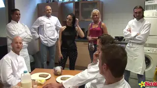 Blonde and Brunette Share a Wild Gangbang Blowjob