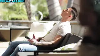 Inked Hunk Takes Bareback Ride on Patio