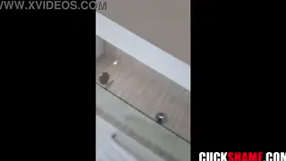 Blonde MILF Sucks Deep While Cuckold Husband Peeks
