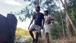 Slim Twink Sucks a Black Stud Outdoors Before Moving to a Bathroom