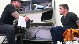 Tattooed Guard Takes Creampie From Intruder in Uniform
