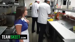 Petite Waitress Serves the Whole Kitchen Crew in Gangbang