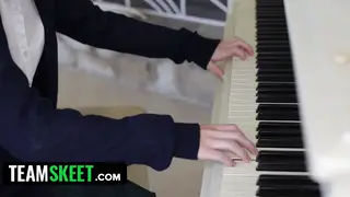 Petite Blonde Bends Over Piano for Deep POV Pounding