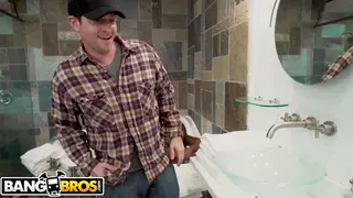 Busty Ebony MILF Seduces Handyman in Bathroom