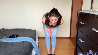 Petite Latina Shows Off Curves in Tight Blue Denim