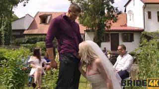 Busty Blonde Bride in Stockings Cheats Outdoors on Her Wedding Day