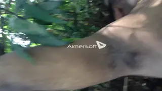 Hairy Indian Bears Bareback Outdoors by the River