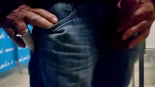 Latino Guy Strokes Himself in a Restroom
