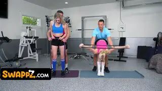 Blonde and Ebony Stepdaughters Share Two Older Men in Gym