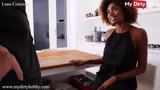 Ebony Amateur Deepthroats in Kitchen for Cum in Mouth