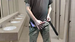 Muscular European Daddy Strokes His Uncut Cock in a Gym Bathroom