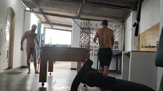 Muscular Latino Daddy and Teen Play Pool Then Fuck