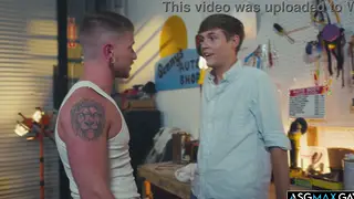 Tattooed Mechanic Pounds Twink Bareback After Deep Throat