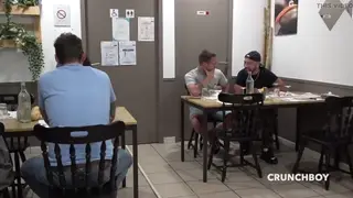 Muscular European Stud Takes Cumshot Outdoors Near Waitress