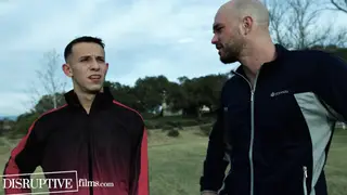 Coach Stretches Athlete With Toys Before Outdoor Anal