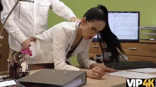 European Brunette Auditions on a Desk for Cash