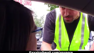 Petite Brunette Takes Facial in Parked Car