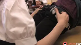 Japanese Maid Services Two Customers in Public Restaurant Setting