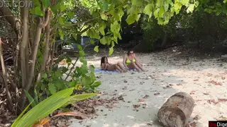 Voyeur Strokes Off Onto a Busty MILF and Her Stepdaughter at the Beach