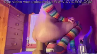 Oiled Femboy Rides a Massive Dildo Solo